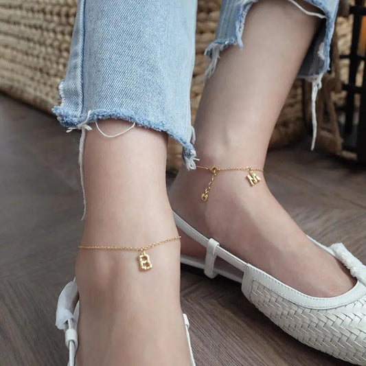 14K Gold-plated 26 Bamboo Letter Anklets Can Be Stacked To Wear Holiday Ins Personalized Foot Decoration Net Red Anklet null