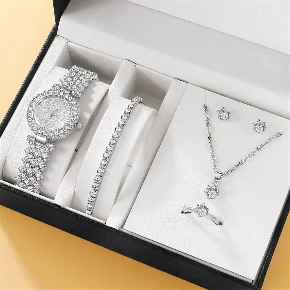 5pcsset Diamond Bracelet Necklace Stud Ring Watch Jewelry Set My Store