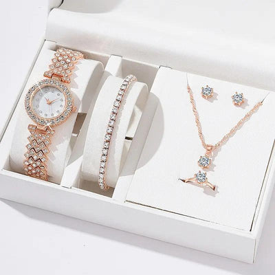 5pcsset Diamond Bracelet Necklace Stud Ring Watch Jewelry Set My Store